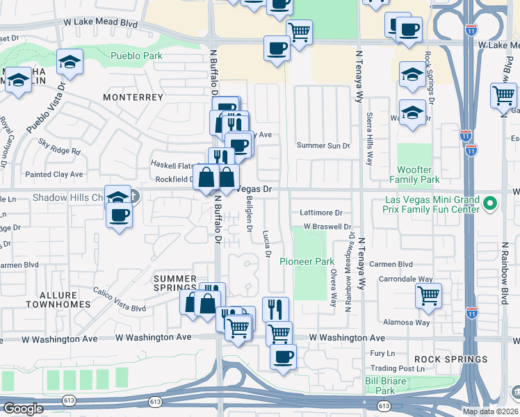map of restaurants, bars, coffee shops, grocery stores, and more near 1501 Lucia Drive in Las Vegas