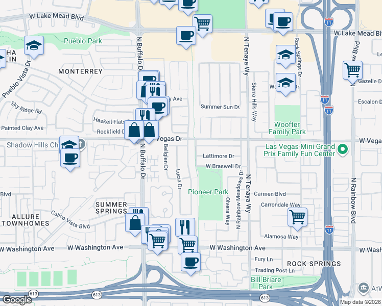 map of restaurants, bars, coffee shops, grocery stores, and more near 1428 Pacific Terrace Drive in Las Vegas