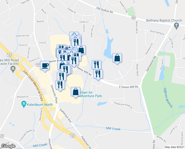 map of restaurants, bars, coffee shops, grocery stores, and more near East Hanes Mill Road in Winston-Salem