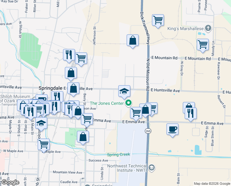 map of restaurants, bars, coffee shops, grocery stores, and more near 312 Ruby Street in Springdale