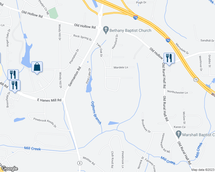 map of restaurants, bars, coffee shops, grocery stores, and more near 1215 Twin Oak Drive in Winston-Salem