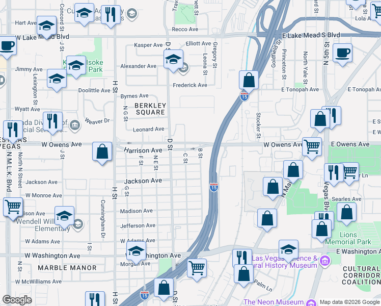 map of restaurants, bars, coffee shops, grocery stores, and more near 1507 C Street in Las Vegas