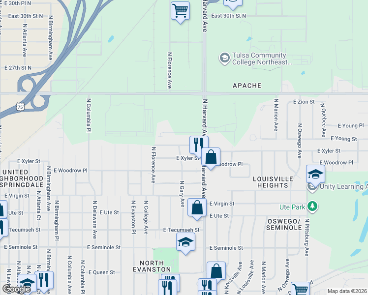 map of restaurants, bars, coffee shops, grocery stores, and more near 3225 East Xyler Street in Tulsa