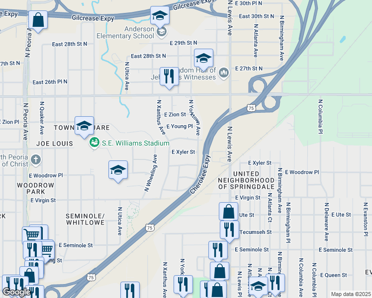 map of restaurants, bars, coffee shops, grocery stores, and more near 2022 East Xyler Street in Tulsa