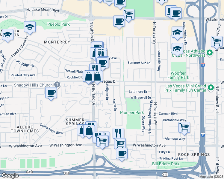 map of restaurants, bars, coffee shops, grocery stores, and more near 1501 Lucia Drive in Las Vegas