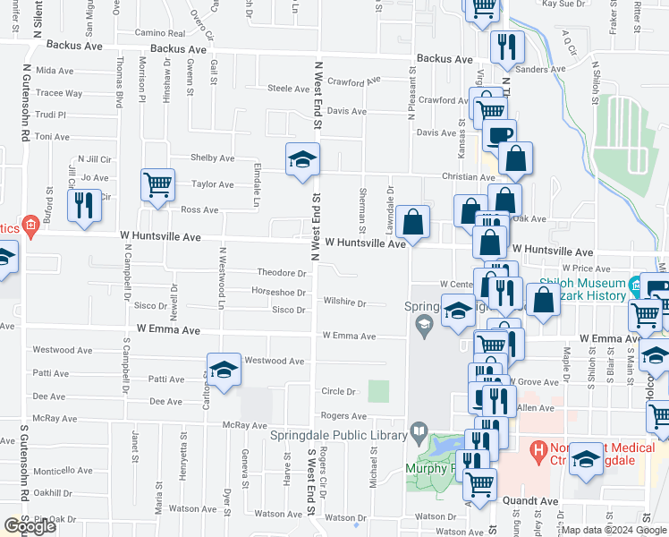 map of restaurants, bars, coffee shops, grocery stores, and more near Greenlawn Drive in Springdale