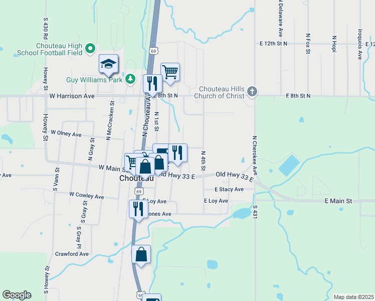 map of restaurants, bars, coffee shops, grocery stores, and more near 305 East Olney Avenue in Chouteau
