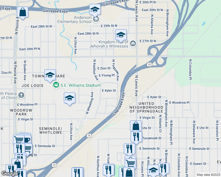 map of restaurants, bars, coffee shops, grocery stores, and more near 2022 East Xyler Street in Tulsa
