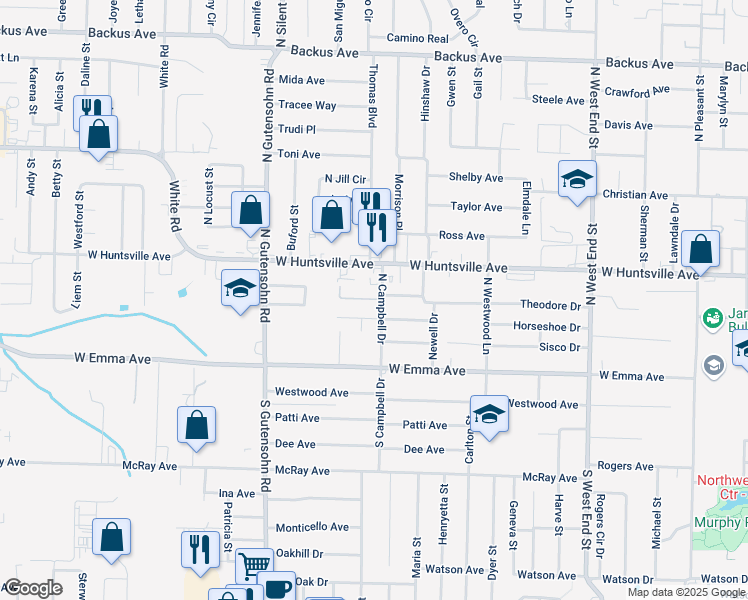map of restaurants, bars, coffee shops, grocery stores, and more near 2003 Theodore Drive in Springdale