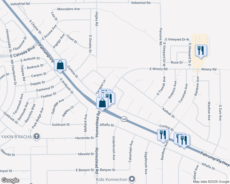 map of restaurants, bars, coffee shops, grocery stores, and more near 2181 East Winery Road in Pahrump