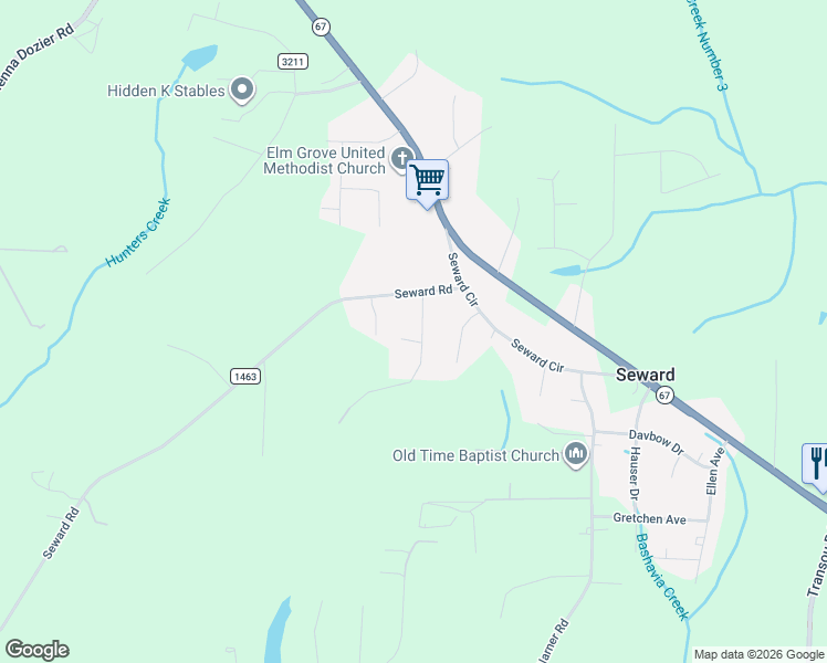 map of restaurants, bars, coffee shops, grocery stores, and more near 5155 Paramount Road in Pfafftown