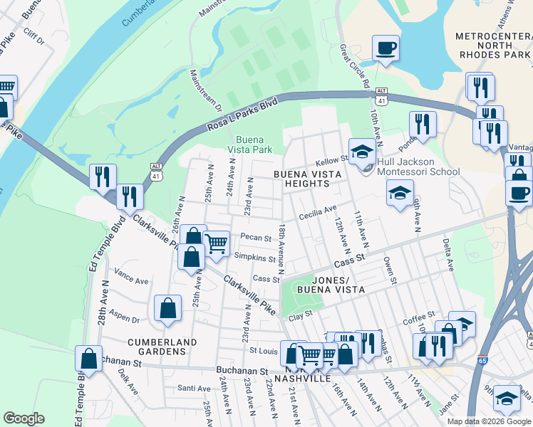 map of restaurants, bars, coffee shops, grocery stores, and more near 1701 McKinney Avenue in Nashville