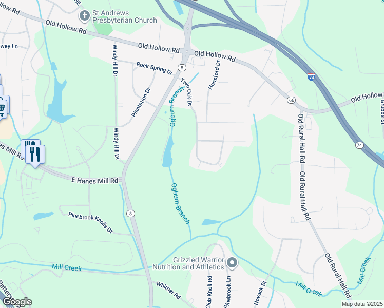 map of restaurants, bars, coffee shops, grocery stores, and more near 1210 Twin Oak Drive in Winston-Salem