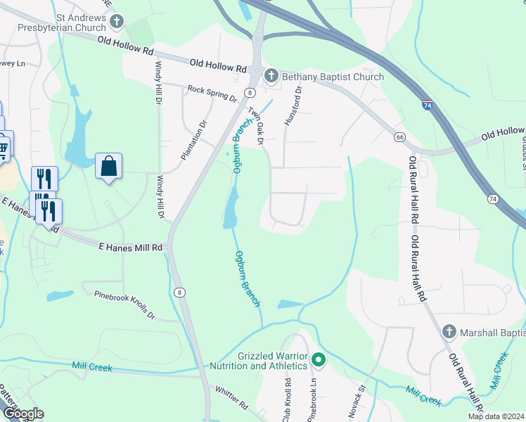 map of restaurants, bars, coffee shops, grocery stores, and more near 1210 Twin Oak Drive in Winston-Salem