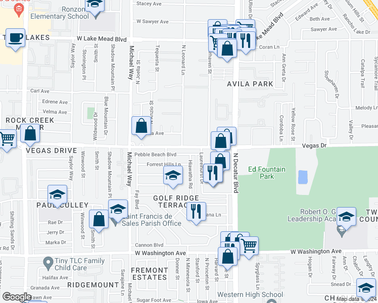 map of restaurants, bars, coffee shops, grocery stores, and more near 5109 Pebble Beach Boulevard in Las Vegas