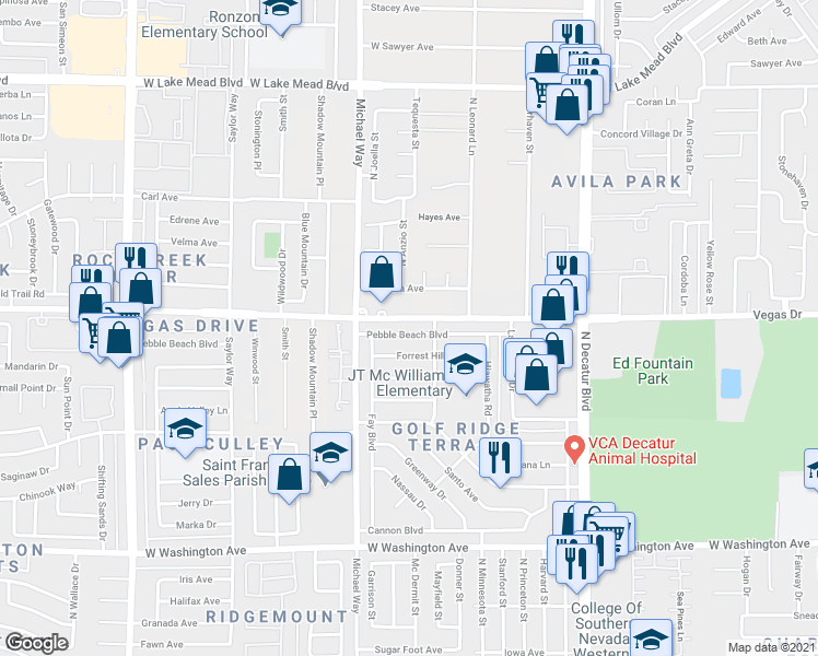 map of restaurants, bars, coffee shops, grocery stores, and more near 5225 Pebble Beach Boulevard in Las Vegas