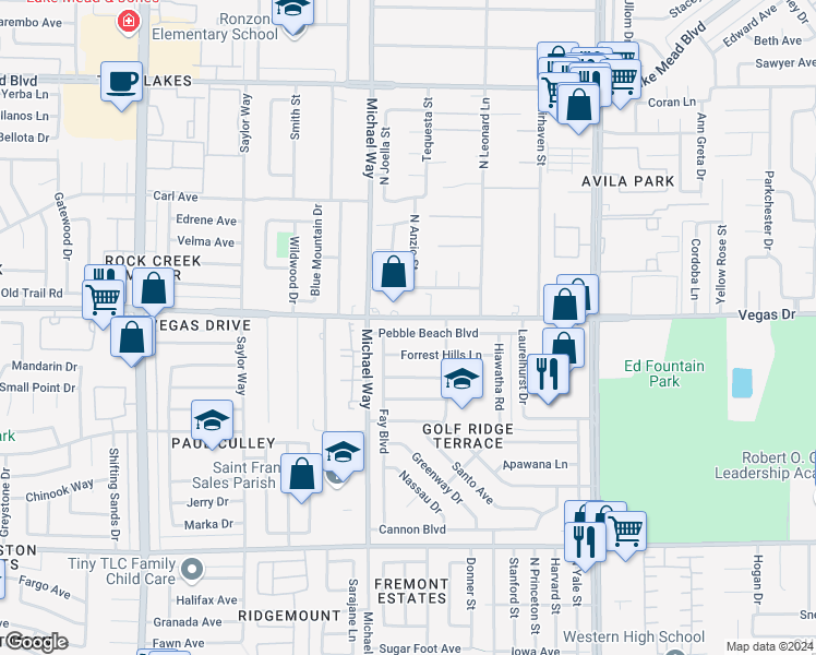 map of restaurants, bars, coffee shops, grocery stores, and more near 5225 Pebble Beach Boulevard in Las Vegas