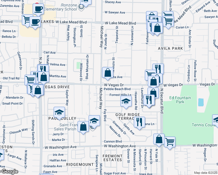 map of restaurants, bars, coffee shops, grocery stores, and more near 5225 Pebble Beach Boulevard in Las Vegas