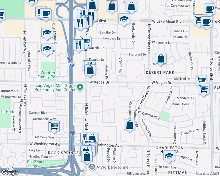 map of restaurants, bars, coffee shops, grocery stores, and more near 1504 Bonnie Castle Way in Las Vegas