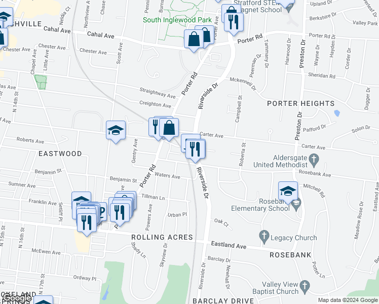 map of restaurants, bars, coffee shops, grocery stores, and more near 1106 Riverside Drive in Nashville