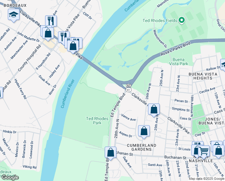 map of restaurants, bars, coffee shops, grocery stores, and more near 2027 28th Avenue North in Nashville