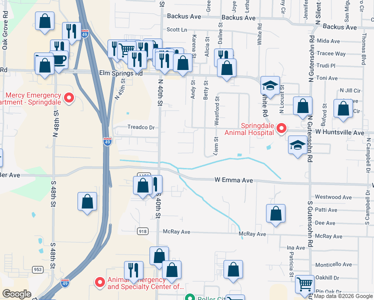 map of restaurants, bars, coffee shops, grocery stores, and more near 3721 Kenny Lane in Springdale
