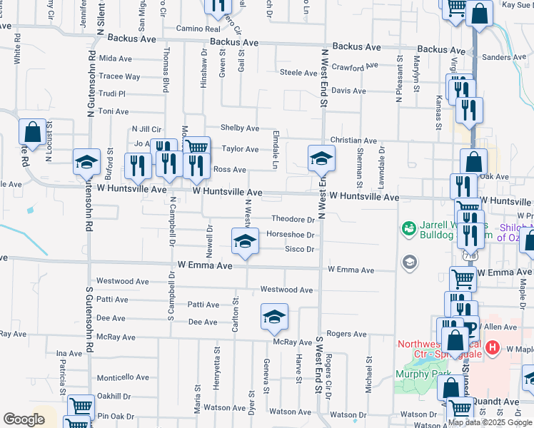 map of restaurants, bars, coffee shops, grocery stores, and more near 1707 Theodore Drive in Springdale