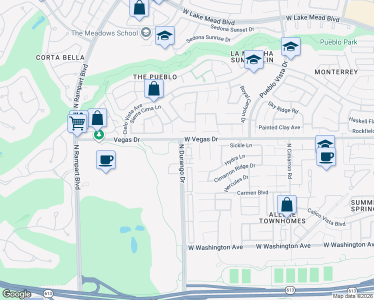 map of restaurants, bars, coffee shops, grocery stores, and more near 1512 Faldo Street in Las Vegas