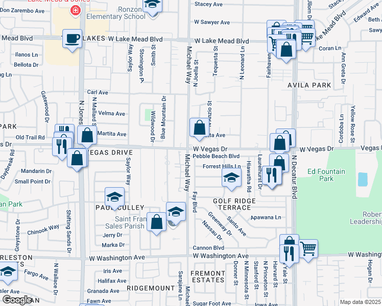 map of restaurants, bars, coffee shops, grocery stores, and more near 5248 Pebble Beach Boulevard in Las Vegas