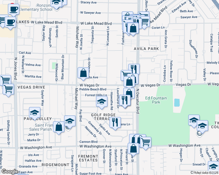 map of restaurants, bars, coffee shops, grocery stores, and more near 5104 Pebble Beach Boulevard in Las Vegas