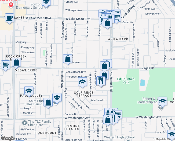 map of restaurants, bars, coffee shops, grocery stores, and more near 5108 Pebble Beach Boulevard in Las Vegas
