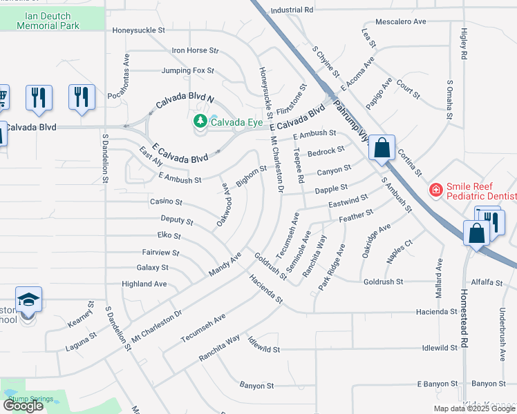 map of restaurants, bars, coffee shops, grocery stores, and more near 2200 Mandy Avenue in Pahrump