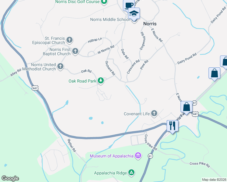 map of restaurants, bars, coffee shops, grocery stores, and more near 213 Oak Road in Powell