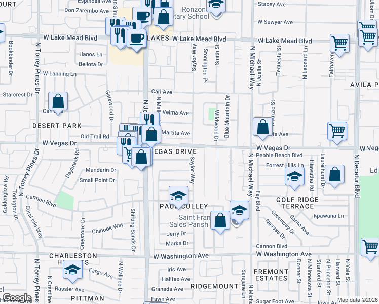 map of restaurants, bars, coffee shops, grocery stores, and more near 5812 Pebble Beach Boulevard in Las Vegas
