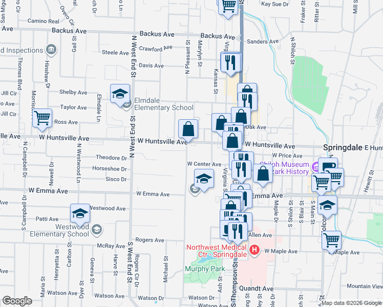 map of restaurants, bars, coffee shops, grocery stores, and more near 110 North Pleasant Street in Springdale