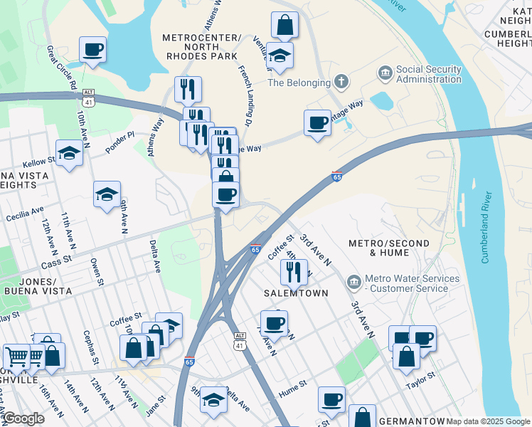 map of restaurants, bars, coffee shops, grocery stores, and more near 301 Clay Street in Nashville