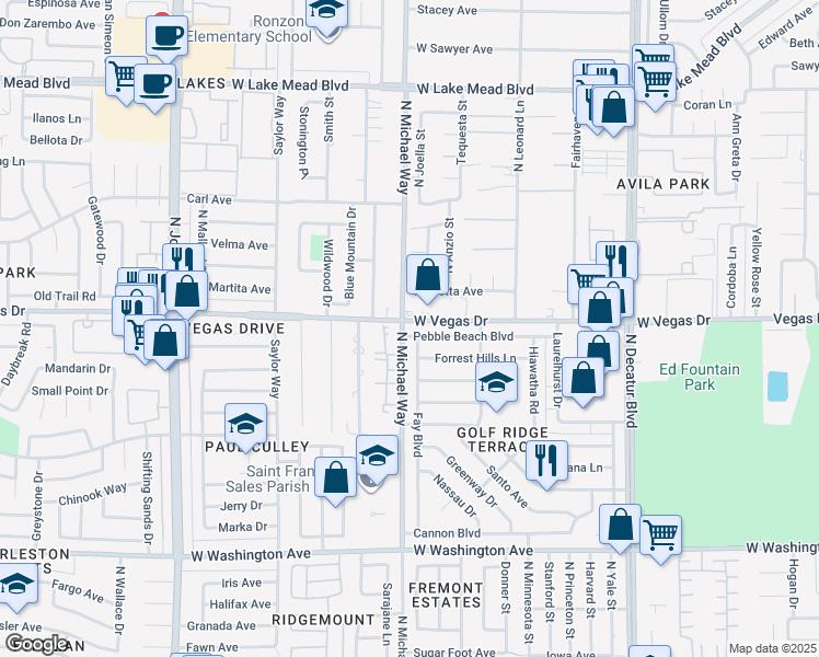 map of restaurants, bars, coffee shops, grocery stores, and more near 5248 Pebble Beach Boulevard in Las Vegas