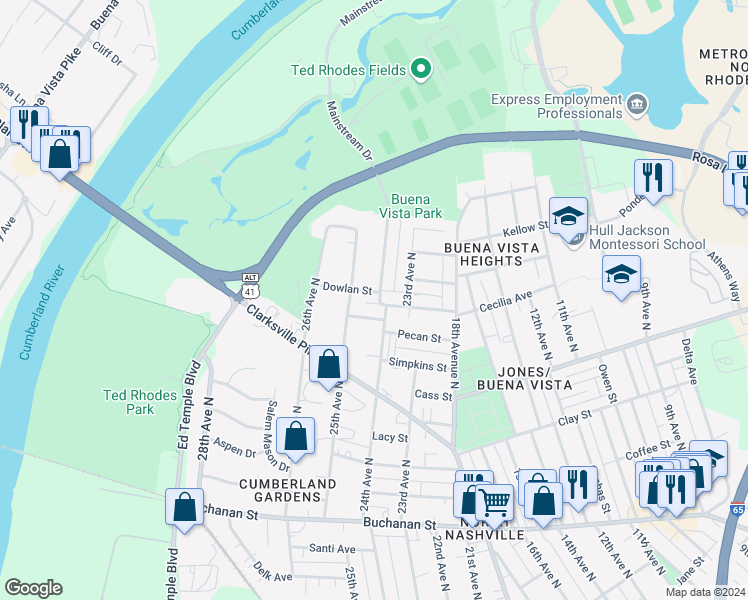 map of restaurants, bars, coffee shops, grocery stores, and more near 2201B 24th Avenue North in Nashville