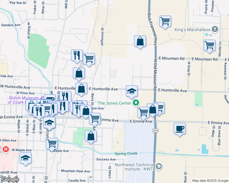 map of restaurants, bars, coffee shops, grocery stores, and more near 809 East Huntsville Avenue in Springdale