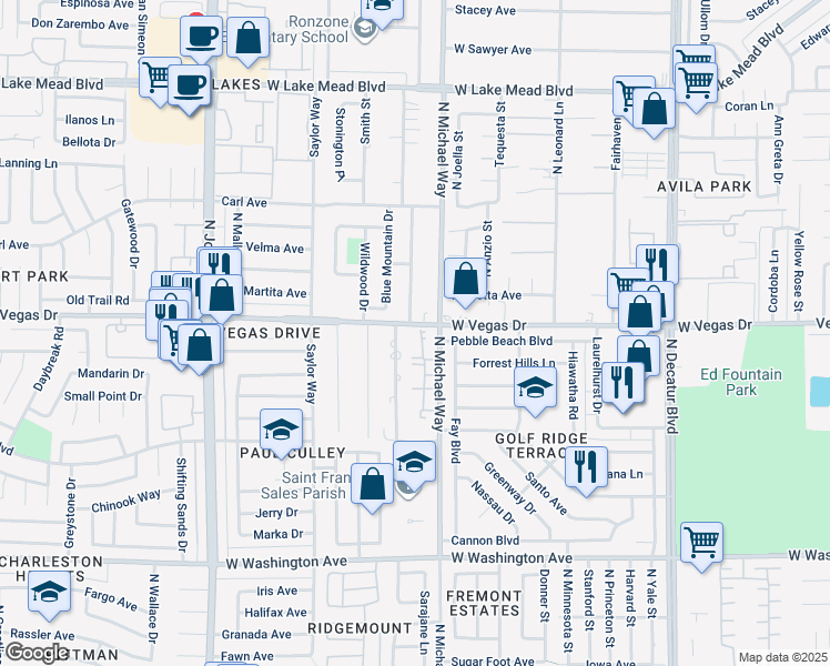 map of restaurants, bars, coffee shops, grocery stores, and more near 1401 Michael Way in Las Vegas