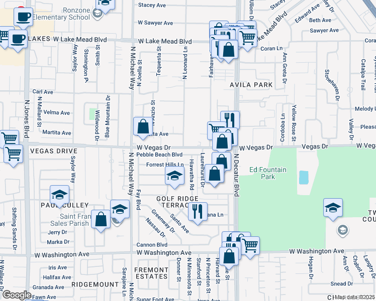 map of restaurants, bars, coffee shops, grocery stores, and more near 5104 Pebble Beach Boulevard in Las Vegas