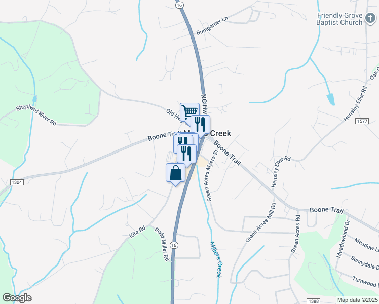 map of restaurants, bars, coffee shops, grocery stores, and more near 2931 North Old North Carolina Highway 16 in Millers Creek