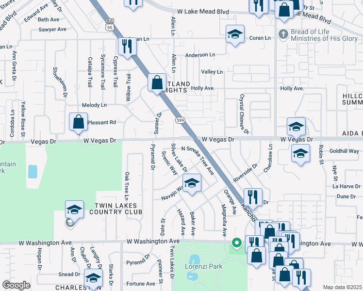 map of restaurants, bars, coffee shops, grocery stores, and more near 1338 North Smoke Tree Avenue in Las Vegas
