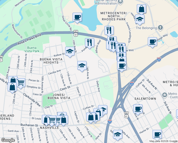 map of restaurants, bars, coffee shops, grocery stores, and more near 2110 9th Avenue North in Nashville