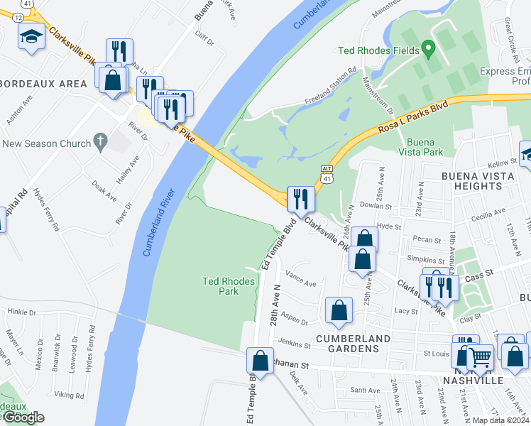 map of restaurants, bars, coffee shops, grocery stores, and more near 2027 28th Avenue North in Nashville