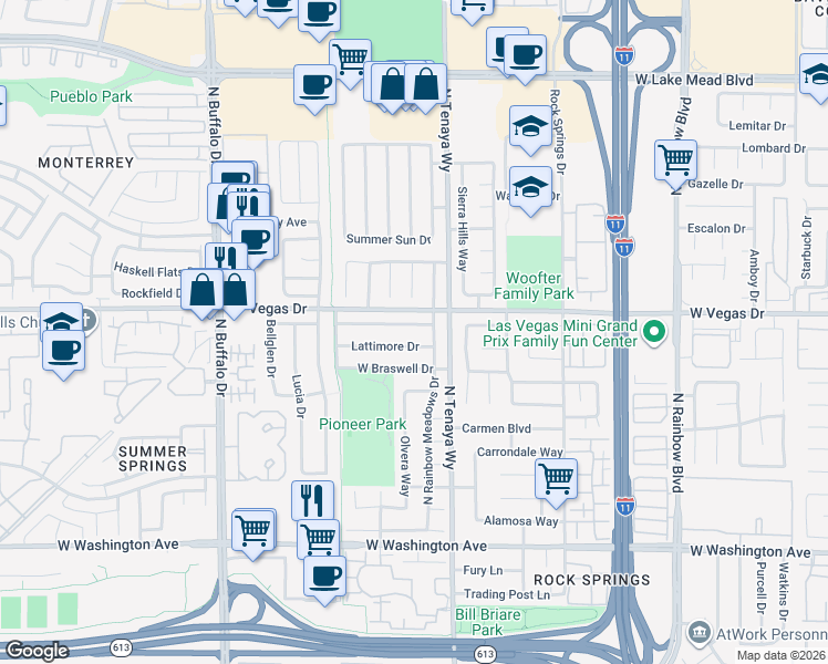 map of restaurants, bars, coffee shops, grocery stores, and more near 7313 Lattimore Drive in Las Vegas