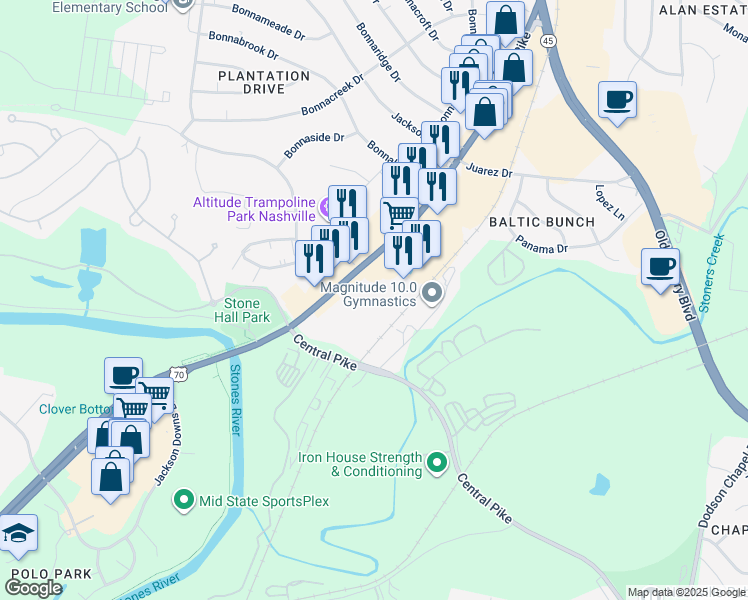 map of restaurants, bars, coffee shops, grocery stores, and more near 3417 Lebanon Pike in Nashville