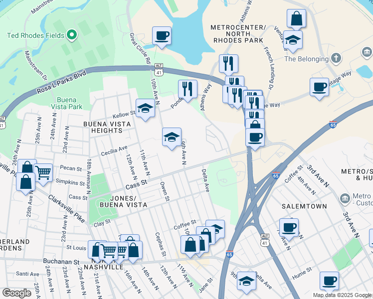map of restaurants, bars, coffee shops, grocery stores, and more near 2110 9th Avenue North in Nashville