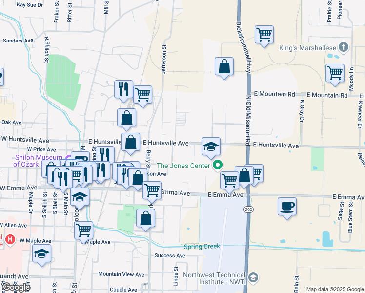 map of restaurants, bars, coffee shops, grocery stores, and more near 809 East Huntsville Avenue in Springdale