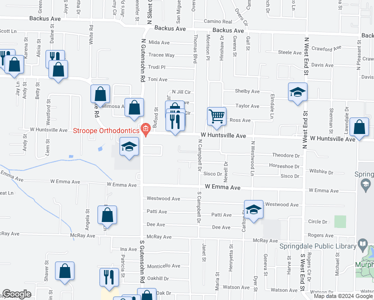 map of restaurants, bars, coffee shops, grocery stores, and more near 2006 Horseshoe Drive in Springdale